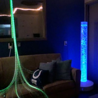 sensory room 2 Lights and a lava lamp in a darkene sensory room